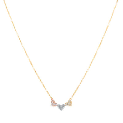 Three Pavé Diamond Yellow, Rose, and White Gold Hearts on a 14k Yellow Gold Chain, 0.28 cttw