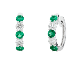 Round Emerald and Diamond Alternating Huggie Hoop Earrings in 14K White Gold, 1.19cttw