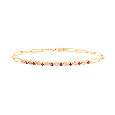 Alternating Ruby and Diamond Bezel Paperclip Bracelet in 14K Yellow Gold, 0.56 cttw