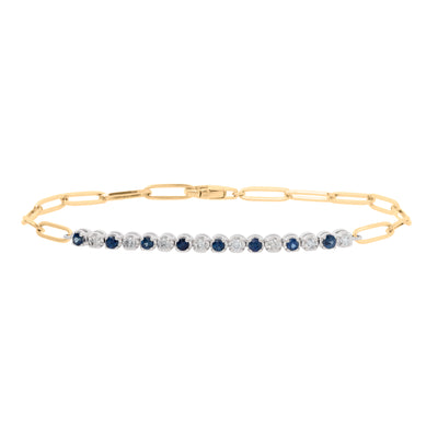 Alternating Blue Sapphire and Diamond White Gold Bezel Paperclip Bracelet in 14K Yellow Gold, 0.74 cttw