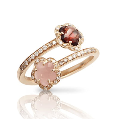 Figlia Dei Fiori Garnet and Chaldedony, White and Brown Diamond Flower Ring in 18K Rose Gold, 0.24cttw
