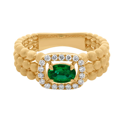 Diamond Halo Oval Emerald Triple Beaded Row Ring in 18K Yellow Gold, 0.63cttw