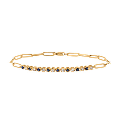 Blue Sapphire and Diamond Paperclip Chain Bracelet in 14K Yellow Gold, 0.61cttw