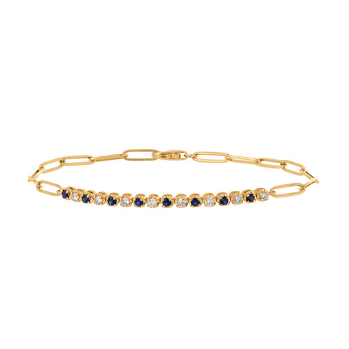 Blue Sapphire and Diamond Paperclip Chain Bracelet in 14K Yellow Gold, 0.61cttw