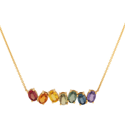 Oval-Cut Rainbow Sapphire Bar Necklace in 18K Yellow Gold, 4.19cttw