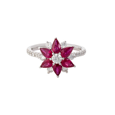 Diamond and Ruby Flower Ring in 18K White Gold, 1.87cttw