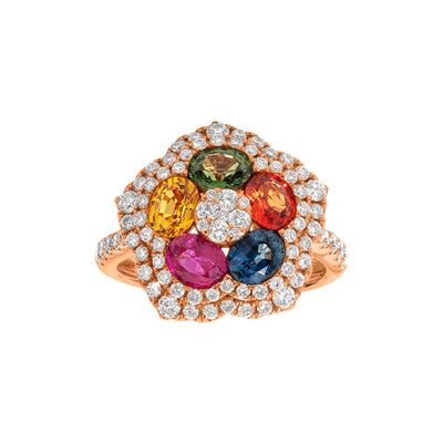 Diamond Halo Multi-Colored Sapphire Flower Ring in 18K Rose Gold, 2.87cttw