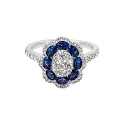Pavé Diamond Halo Blue Sapphire Oval Cluster Flower Ring in 18K White Gold, 1.78cttw