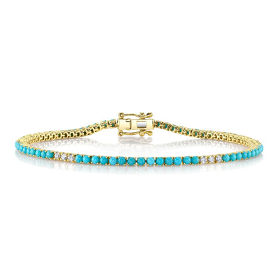Diamond and Turquoise Eternity Bracelet in 14K Yellow Gold, 3.27cttw