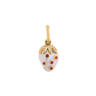 Ruby and Diamond Cultured Pearl Strawberry Charm Pendant in 14K Yellow Gold, 1.11cttw