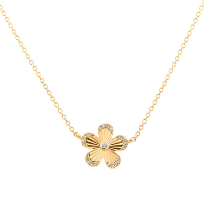 Diamond Fluted Flower Pendant Necklace in 14K Yellow Gold