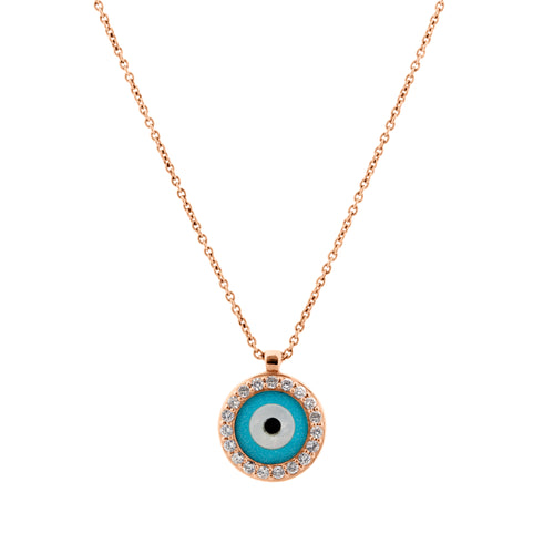 Diamond Halo Reversible Evil Eye Necklace in 14K Rose Gold, 0.23cttw