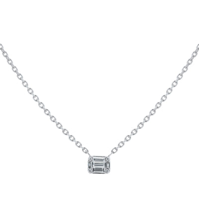 Baguette and Round Diamond Pendant Necklace in 14K White Gold, 0.13cttw