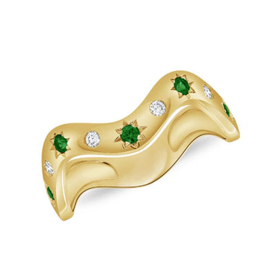 Diamond and Emerald Wavy Ring in 14K Yellow Gold, 0.21cttw
