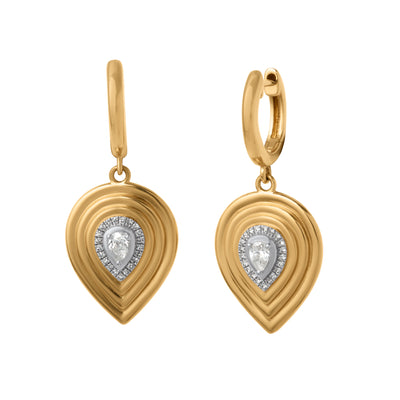 Pear Diamond Drop Ripple Earrings in 14K Two-Tone Gold, 0.30cttw