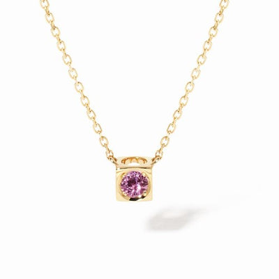 Round Pink Sapphire Cube Necklace in 18K Yellow Gold, 0.11cttw