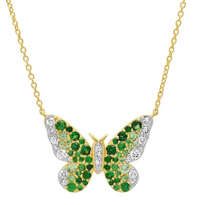 Green and Diamond Ombre Butterfly Necklace in 14k Yellow Gold, 1.08cttw