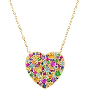 Pavé Multi-Color Gemstone Heart Necklace in 14K Yellow Gold, 1.49cttw