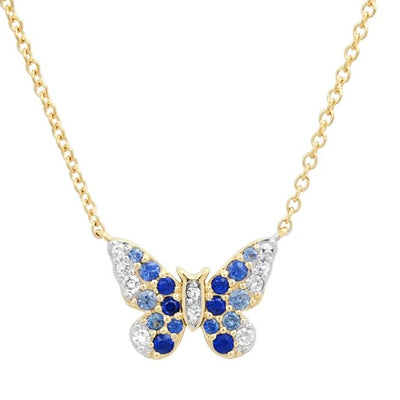 Diamond Ombre Blue Sapphire Butterfly Necklace in 14K Yellow Gold