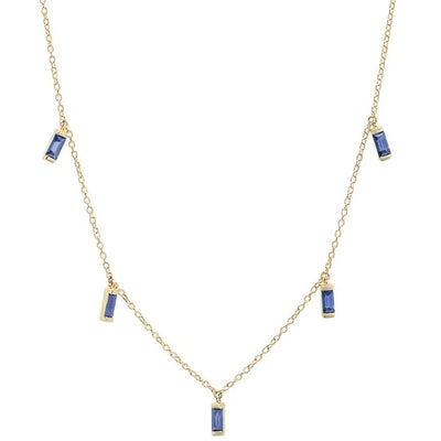 Baguette Blue Sapphire Dangle Station Necklace in 14K Yellow Gold, 0.70cttw