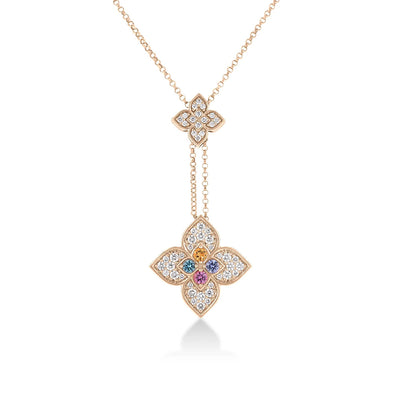 Venetian Princess Carnival Pave Diamond & Mixed Stones Double Flower Lariat Necklace in 18K Rose Gold, 0.69cttw