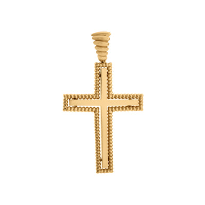 Large Ribbed Border Cross Pendant in 14K Yellow Gold
