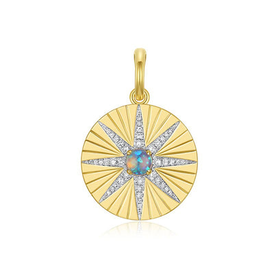 Diamond Sunburst Opal-Center Medallion Charm Pendant in 14K Yellow Gold, 0.35cttw