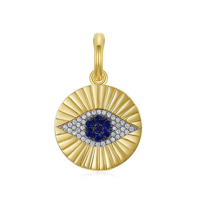 Pavé Diamond and Dark Blue Sapphire Evil Eye Fluted Circle Charm in 14K Yellow Gold, 0.22cttw