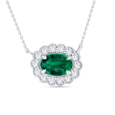Diamond Flower Halo Oval Emerald Necklace in 14K White Gold, 0.94cttw
