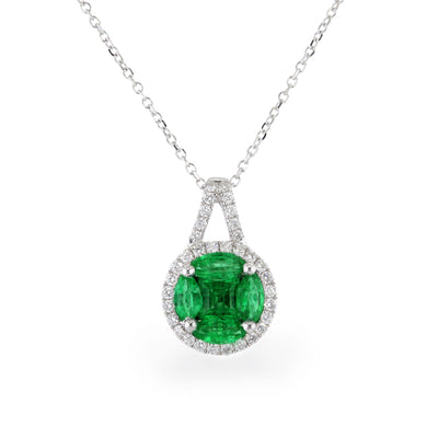 Diamond Halo Mixed-Cut Emerald Mosaic Necklace in 18K White Gold, 0.81cttw