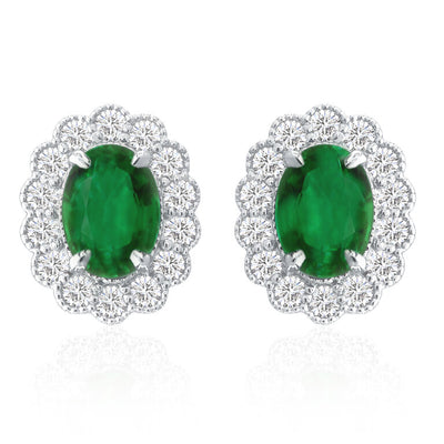 Diamond Flower Halo Oval Emerald Stud Earrings in 14K White Gold, 1.09cttw