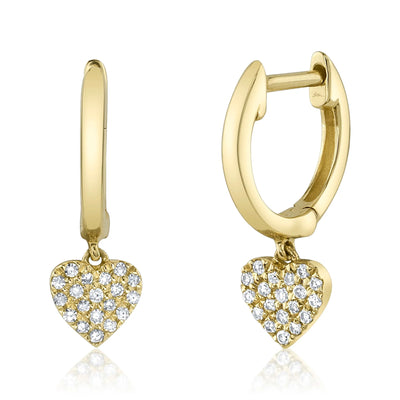 Pavé Diamond Heart Dangle Earrings in 14K Yellow Gold
