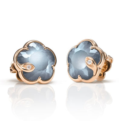 Petit Jolie Onyx and Moonstone, Diamond Flower Stud Earrings in 18K Rose Gold