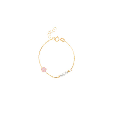 Children's Cultured Pearl and Pink Flower Bracelet in 18K Yellow Gold