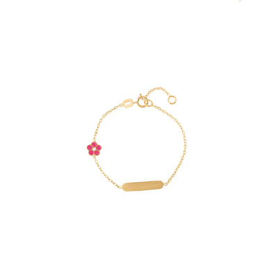 Children's Pink and White Flower ID Bracelet in 18K Yellow Gold