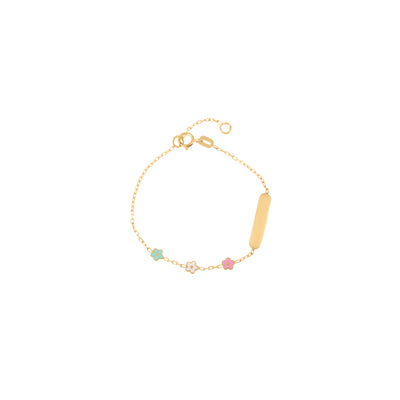 Mint Green, White, & Pink Flower ID Bracelet in 18K Yellow Gold