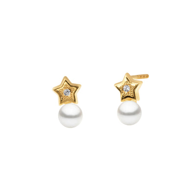 Children's Cultured Pearl and Cubic Zirconia Star Earrings in 18K Yellow Gold