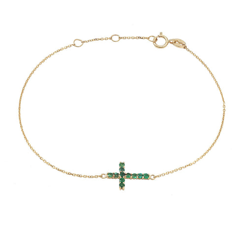 Emerald Green Cross Bracelet in 14K Yellow Gold, 0.24cttw
