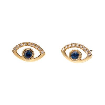 Blue Sapphire and Diamond Evil Eye Earrings in 14K Yellow Gold, 0.18cttw