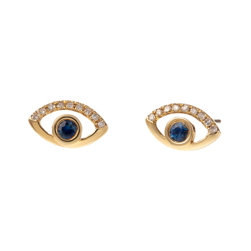 Blue Sapphire and Diamond Evil Eye Earrings in 14K Yellow Gold, 0.18cttw