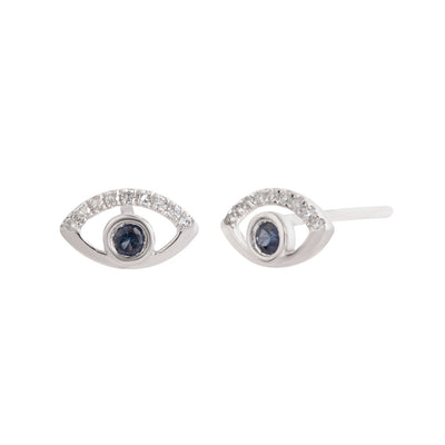 Blue Sapphire and Diamond  Evil Eye Earrings in 14K White Gold, 0.18cttw