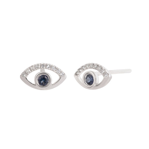 Blue Sapphire and Diamond  Evil Eye Earrings in 14K White Gold, 0.18cttw