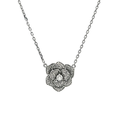 Pavé Diamond Flower Necklace in Sterling Silver, 0.13cttw