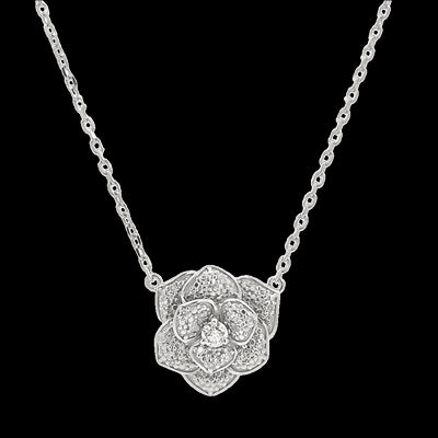 Pavé Diamond Flower Necklace in Sterling Silver, 0.13cttw