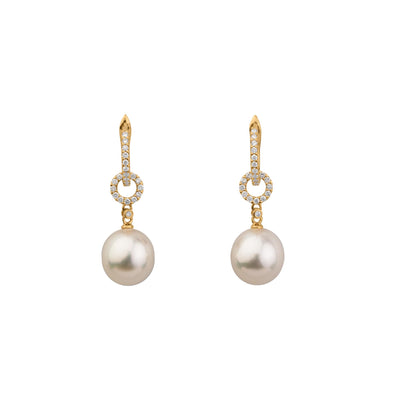 Diamond and Cultured South Sea Pearl Drop Earrings in 18K Yellow Gold, 10-11MM