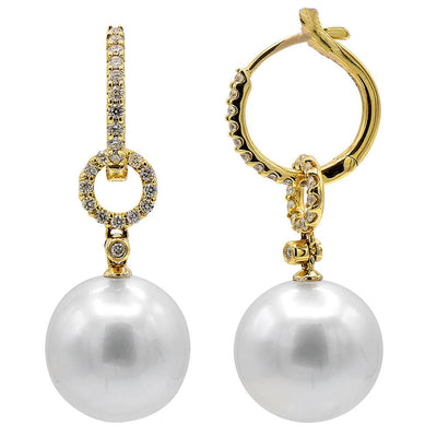 Diamond and Cultured South Sea Pearl Drop Earrings in 18K Yellow Gold, 10-11MM