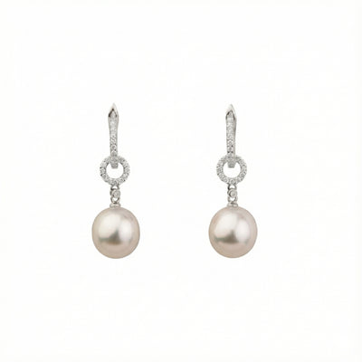 Diamond and Cultured South Sea Pearl Drop Earrings in 18K White Gold, 10-11MM