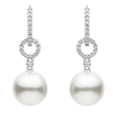 Diamond and Cultured South Sea Pearl Drop Earrings in 18K White Gold, 10-11MM