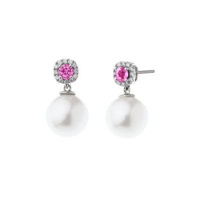 Diamond Halo, Pink Sapphire, and Cultured Pearl Drop Earrings in 14K White Gold, 10-11MM