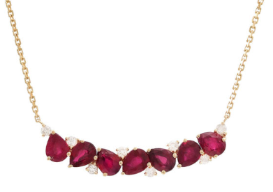 Pear-Cut Ruby and Round Diamond Curved Bar Necklace in 14K Yellow Gold, 1.50cttw
